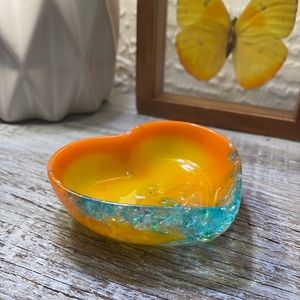 Heart Shaped Jewelry Tray - Orange & Yellow With Holographic Blue Confetti